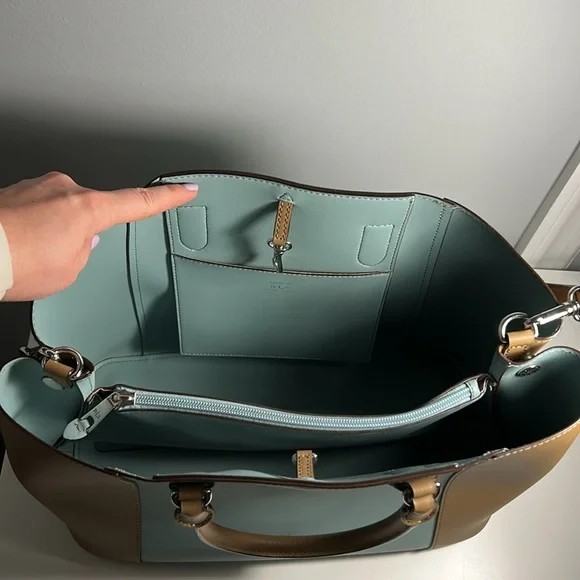 Lauren Ralph Lauren Dryden Marcy Tote Bag Colorblock Blue Tan - Picture 6 of 11